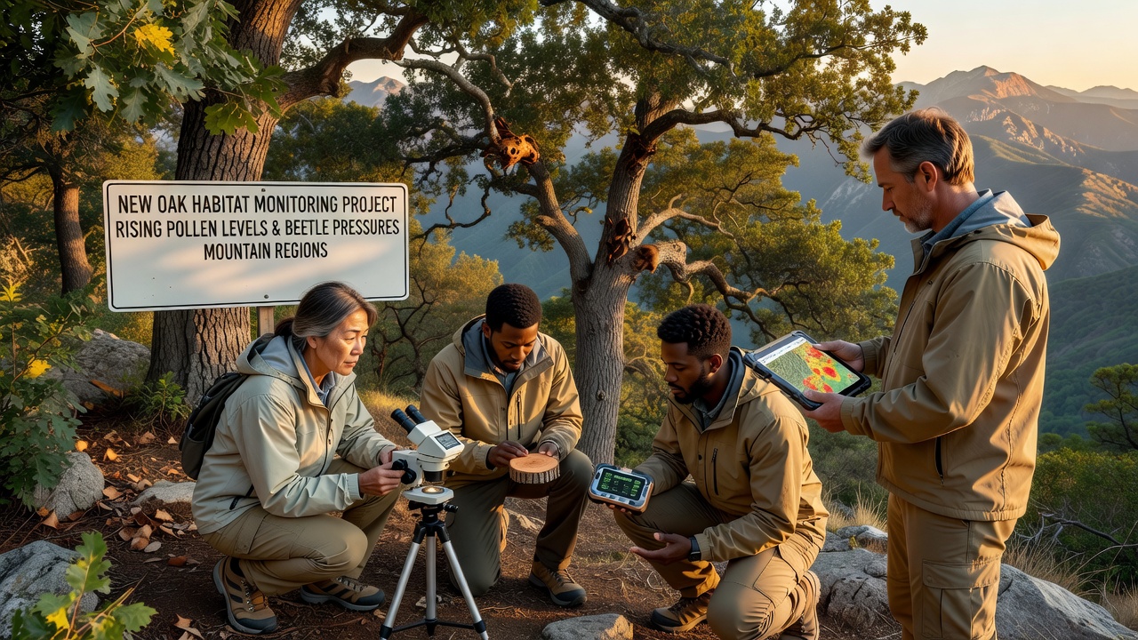 Field researchers installing monitoring sensors on oak trunks in a high-elevation mountain habitat